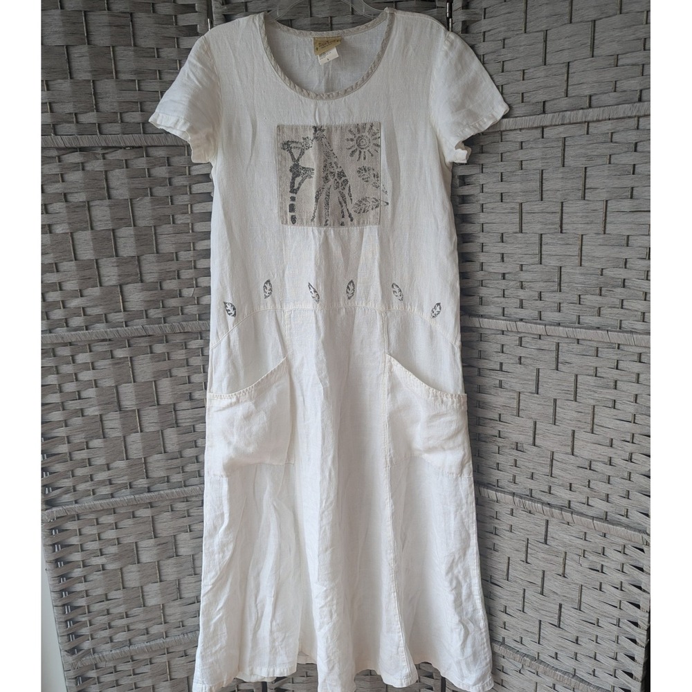 Vtg Blue Cactus Linen‎ Midi Dress White Giraffe Print Pockets Made in USA Sz S